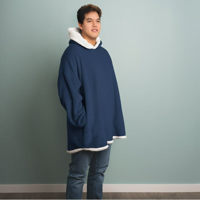 Mainstays Wearable Sherpa Hoodie Throw Blanket, One Size 35" x 33", Indigo