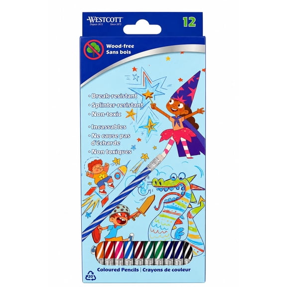 Westcott wood free pencils, colored pencils with twist pattern overlay, pack of 12