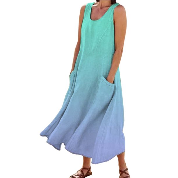 Vestido largo informal de verano con cuello redondo y estampado degradado para mujer