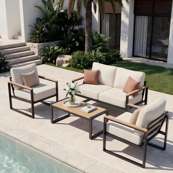 Sumnthink 4-Piece Outdoor Patio Furniture Set, Modern Metal Conversation Set for Porch, Deck, Balcony (Beige)