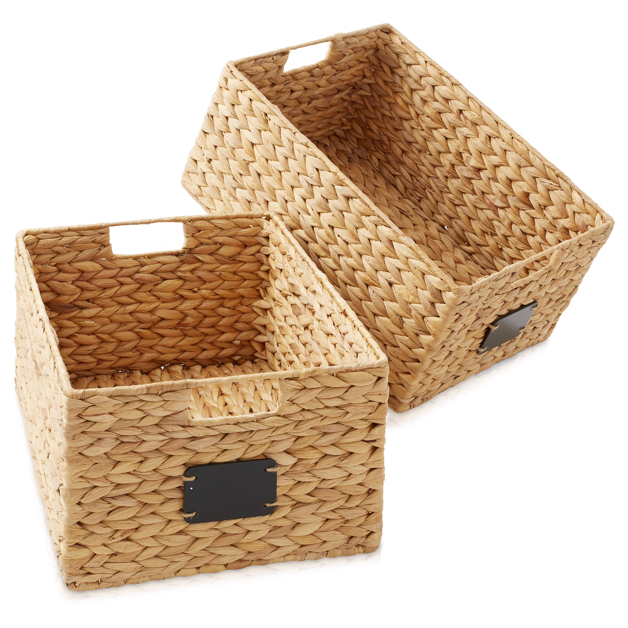 Casafield (Set of 2) Water Hyacinth 12-1/2"x17"x8" Pantry Baskets w/ Chalkboard Labels and Marker - Natural, Woven Storage Bins for Kitchen Shelves