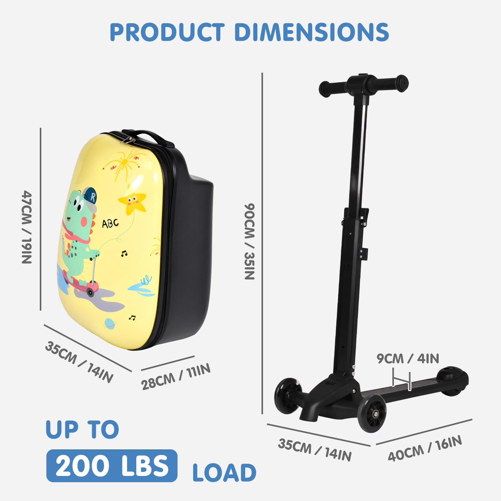 Kids Scooter Suitcase with LED Wheels, Foldable Detachable Ride-On Travel Luggage, Yellow