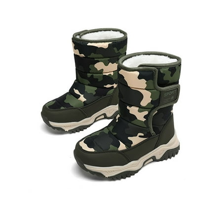 

Welliumy Boys Warm Shoes Plush Lined Snow Boots Mid Calf Winter Boot Hiking Outdoor Bootie School Magic Tape Camouflage Green Camouflage 1Y