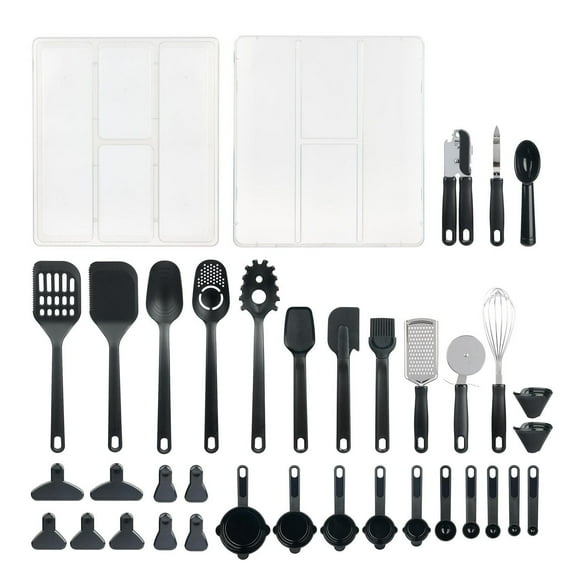 Mainstays 36-Piece Kitchen and Cooking Utensils with Tray Organizer, Clear and Black