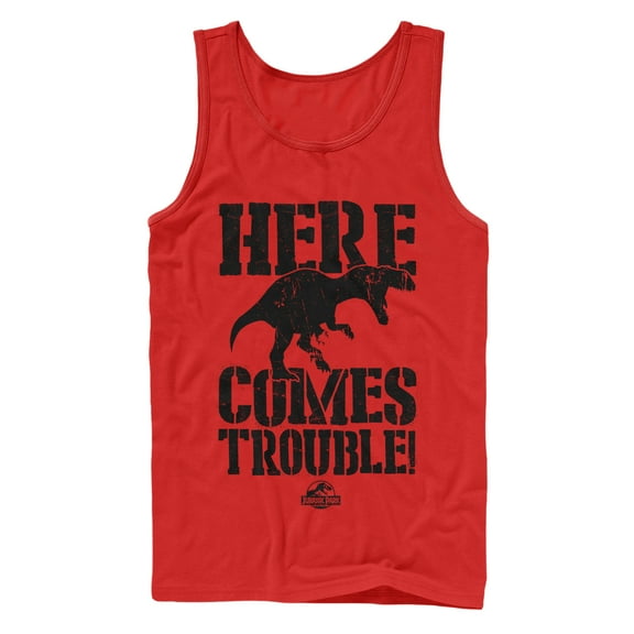Men's Jurassic Park Here Comes Trouble Tank Top Red Medium