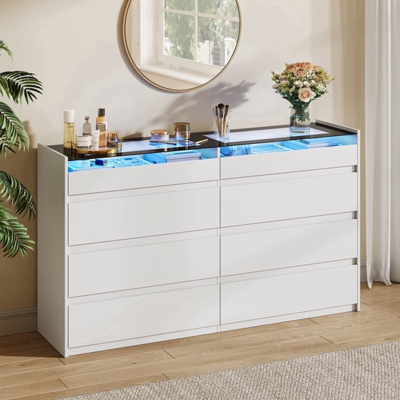 47.2" White 8 Drawer Dresser for Bedroom with LED Lights & Glass Top, Modern Chest of Drawers for Closet, Living Room