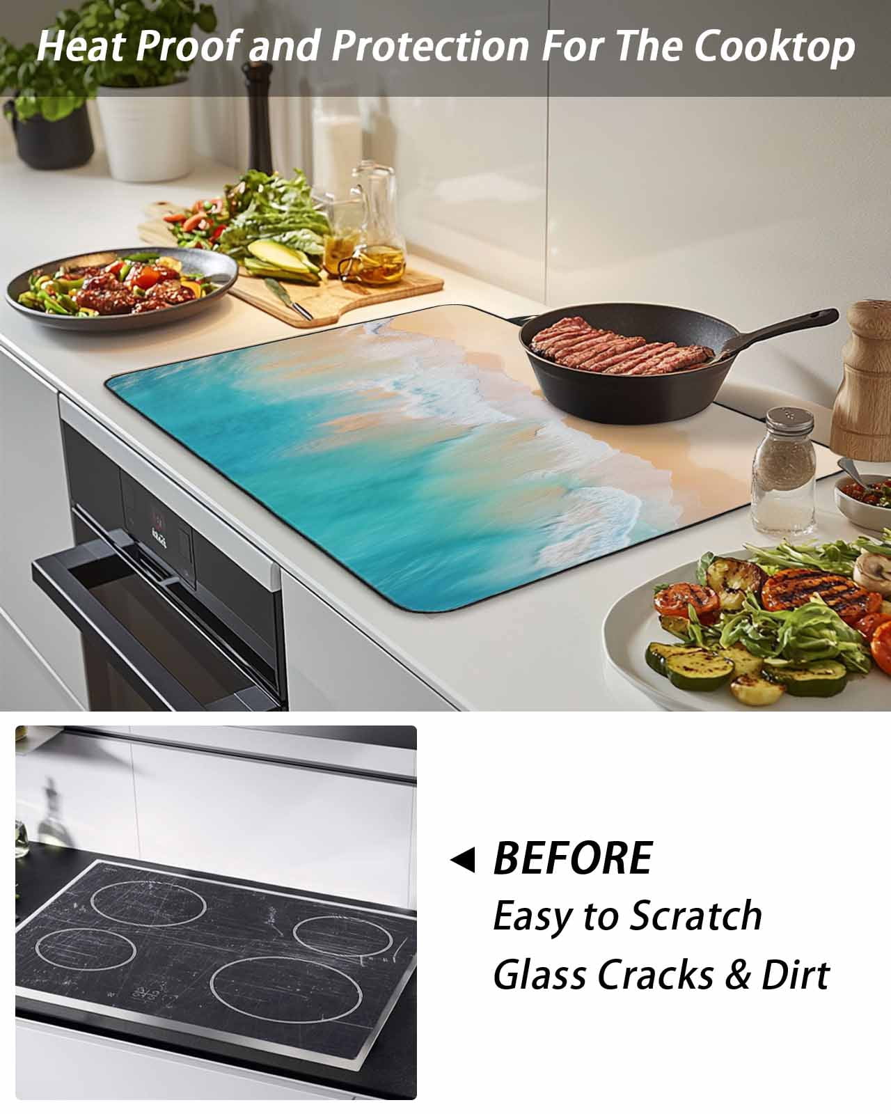 Stove Top Covers for Electric Stove, Orange Aqua Coastal Glass Stovetop Cover Protector, Summer Beach Seaside Nautical Induction Cooktop Protector Oven Mat for Kitchen Countertop 24"x21"