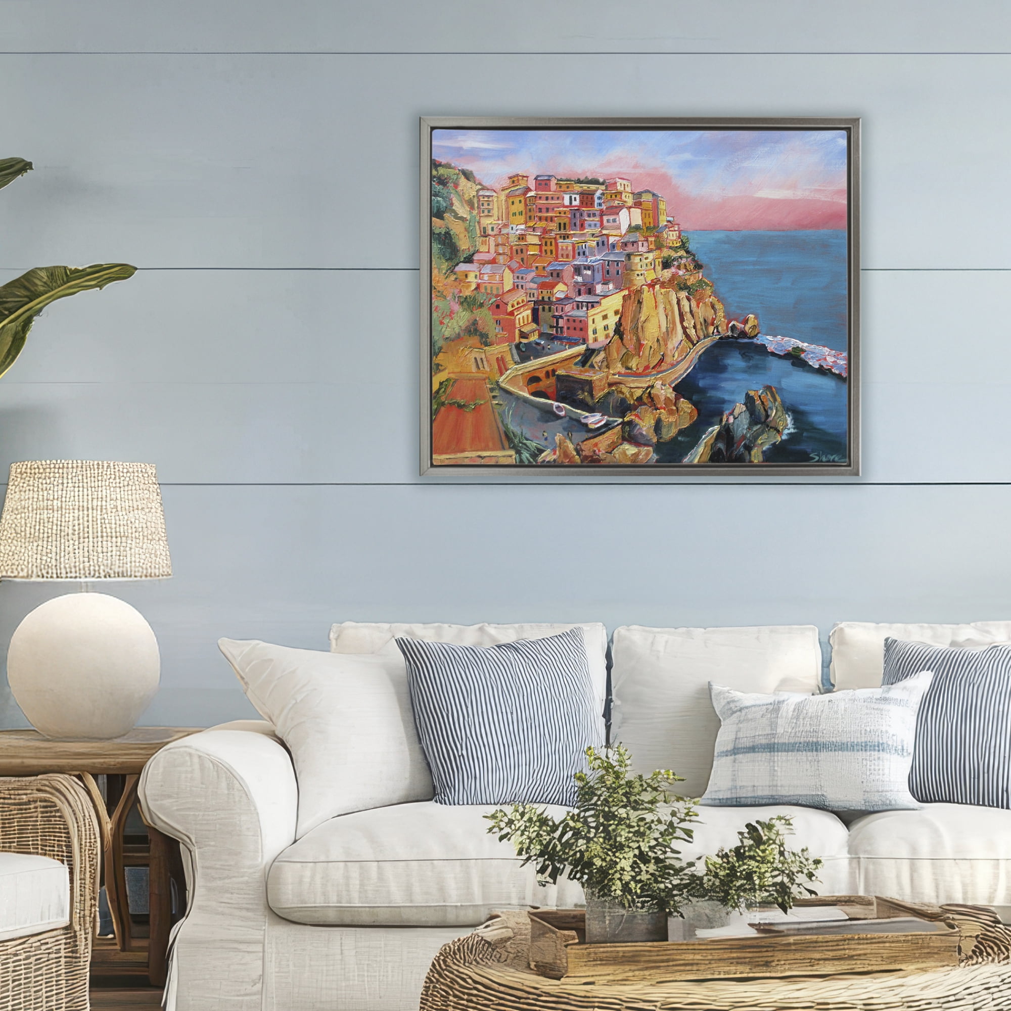 Stupell Industries Cinque Terre Seascape Architecture Gray Framed Floater Canvas Wall Art, design by Maxine Shore