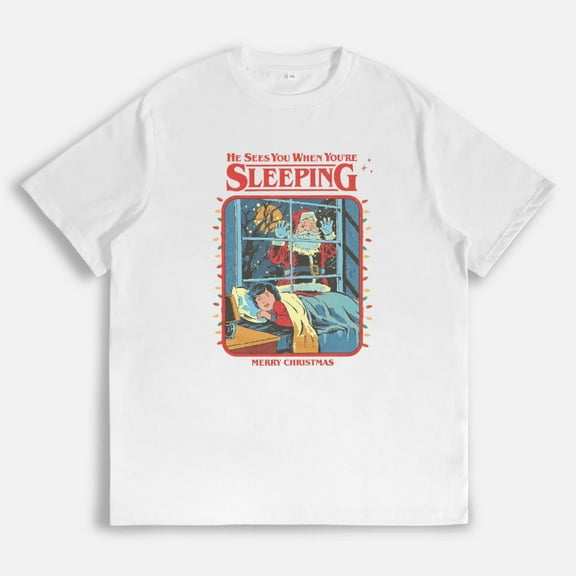 Retro Christmas T Shirt He Sees You When Youre Sleeping Santa Graphic Tee Short Sleeve Round Neck White S-5XL