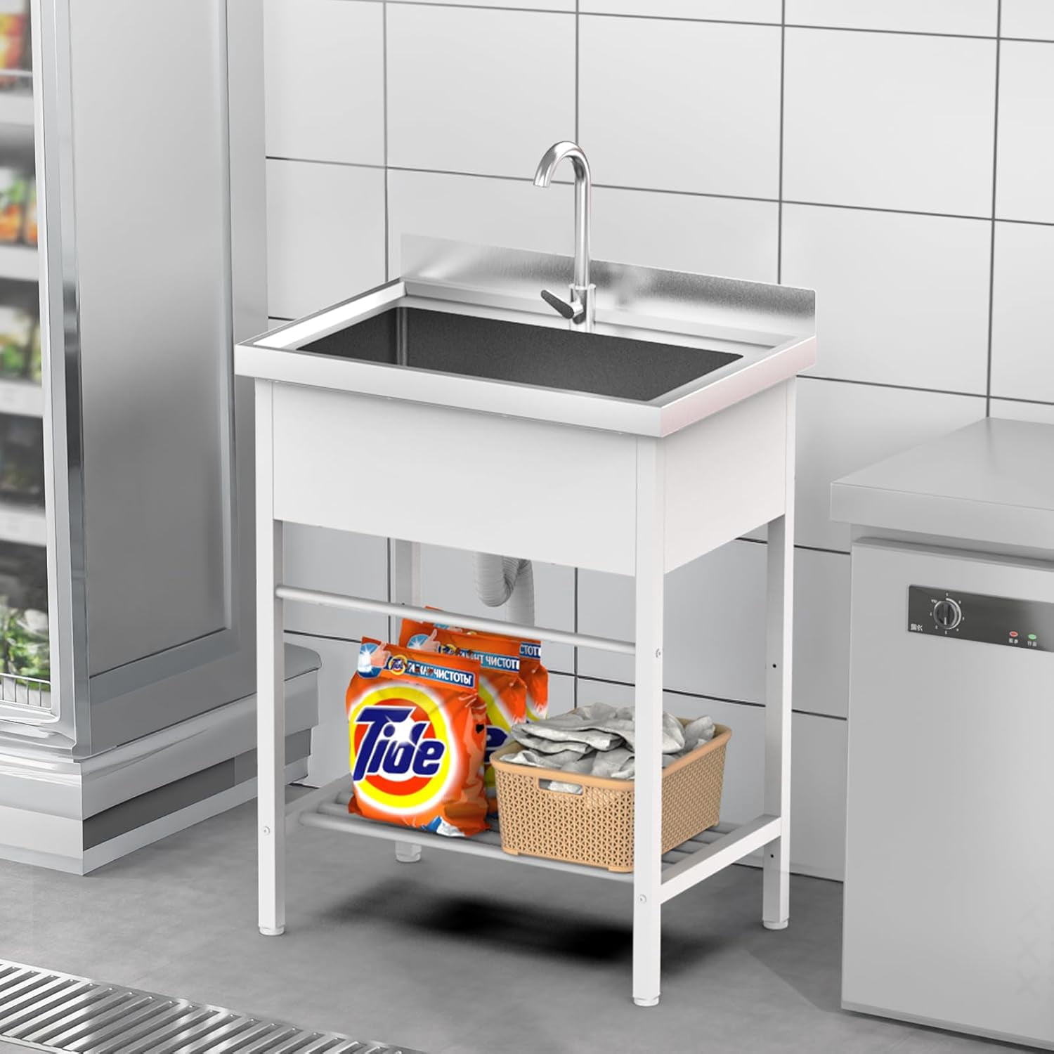 Ktaxon Freestanding White Stainless Steel Utility Sink with Shelf, Compact Single Bowl Wash Basin for Laundry Garage Restaurant Prep, 26.5 x 17.3 x 39