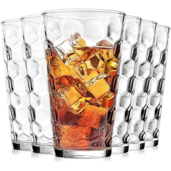 16 oz Drinking Glasses Set of 6, Clear Honeycomb Highball Glass Tumblers with Heavy Base, Textured Bar Glass Cups for Water, Iced Coffee, Cocktails, Beer, Juice and Iced Tea, Dishwasher Safe