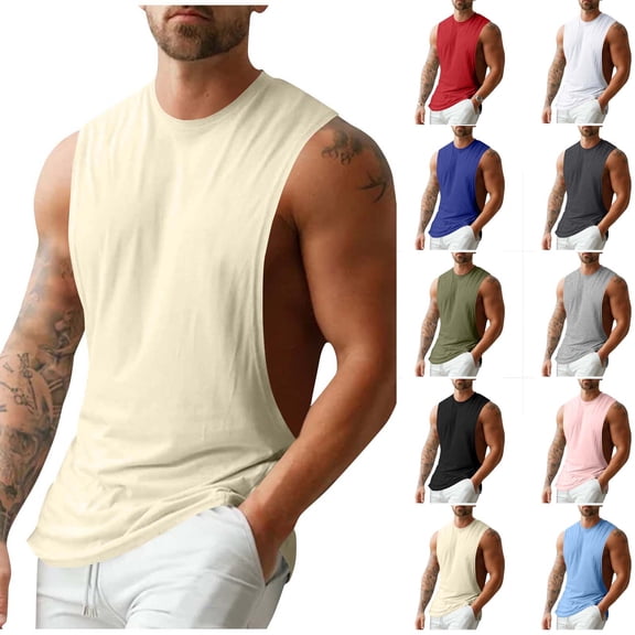 Agkizg Men Sleeveless Workout Tank Tops, Solid Summer Breathable Stretch Quickly Dry Athletic Vests Gym Muscle Undershirts Daily Sport Wear