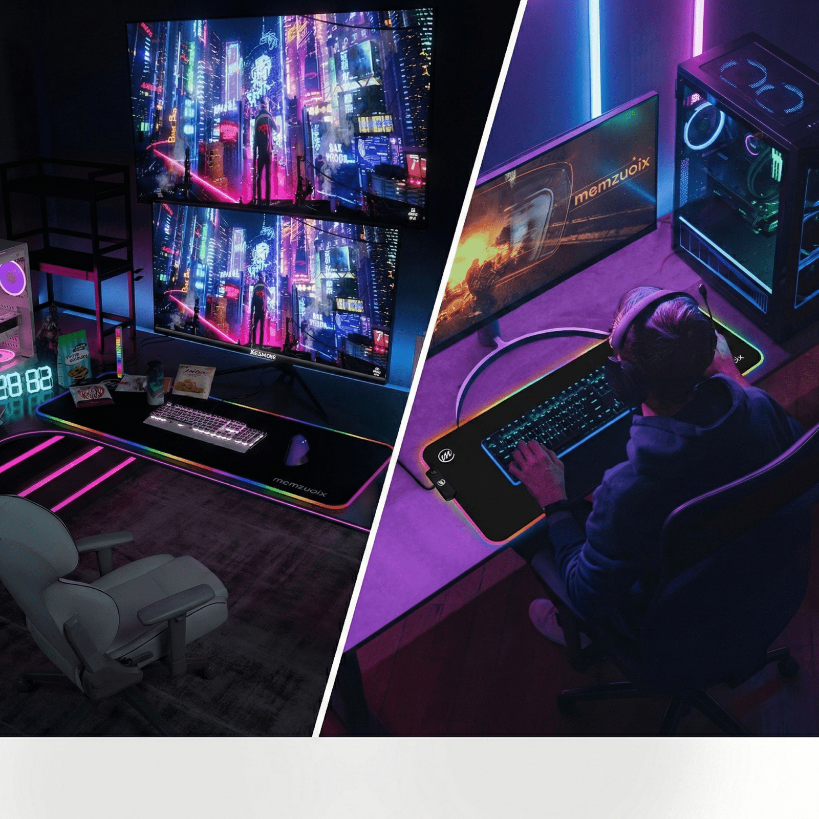 memzuoix LED Mouse pad 31.5×11.8 Inch, Large RGB Glow Gaming Mouse Pad for Computer, 12 Cool Lighting Modes, Anti-Slip Base, Waterproof, Stain Resistant, Desk Mouse pad for Wireless mouse, Black