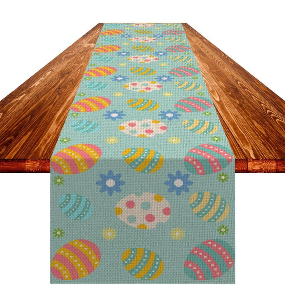 Happy Easter Day Cotton Rectangle Table Runner Colorful Painted Rabbits and Eggs in Play Linens Non-Slip Runners for Spring Holiday Home Kitchen Party Decorations 13 x 90 