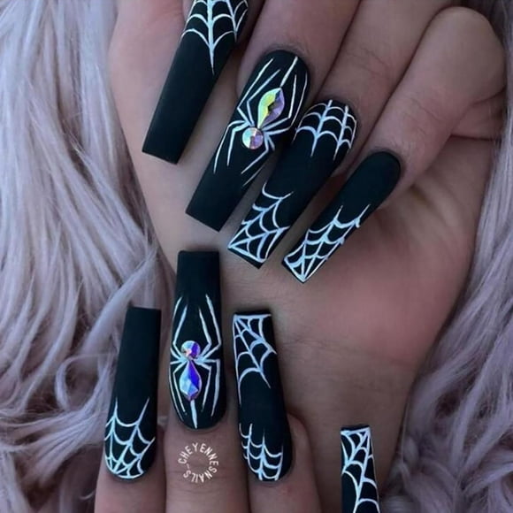 Halloween Press on Nails Long Coffin Fake Nails White Spider Web Black Full Cover False Nails with Spider Designs Matte Glue on Nails Artificial Acrylic Nails for Women Girls 24 Pcs