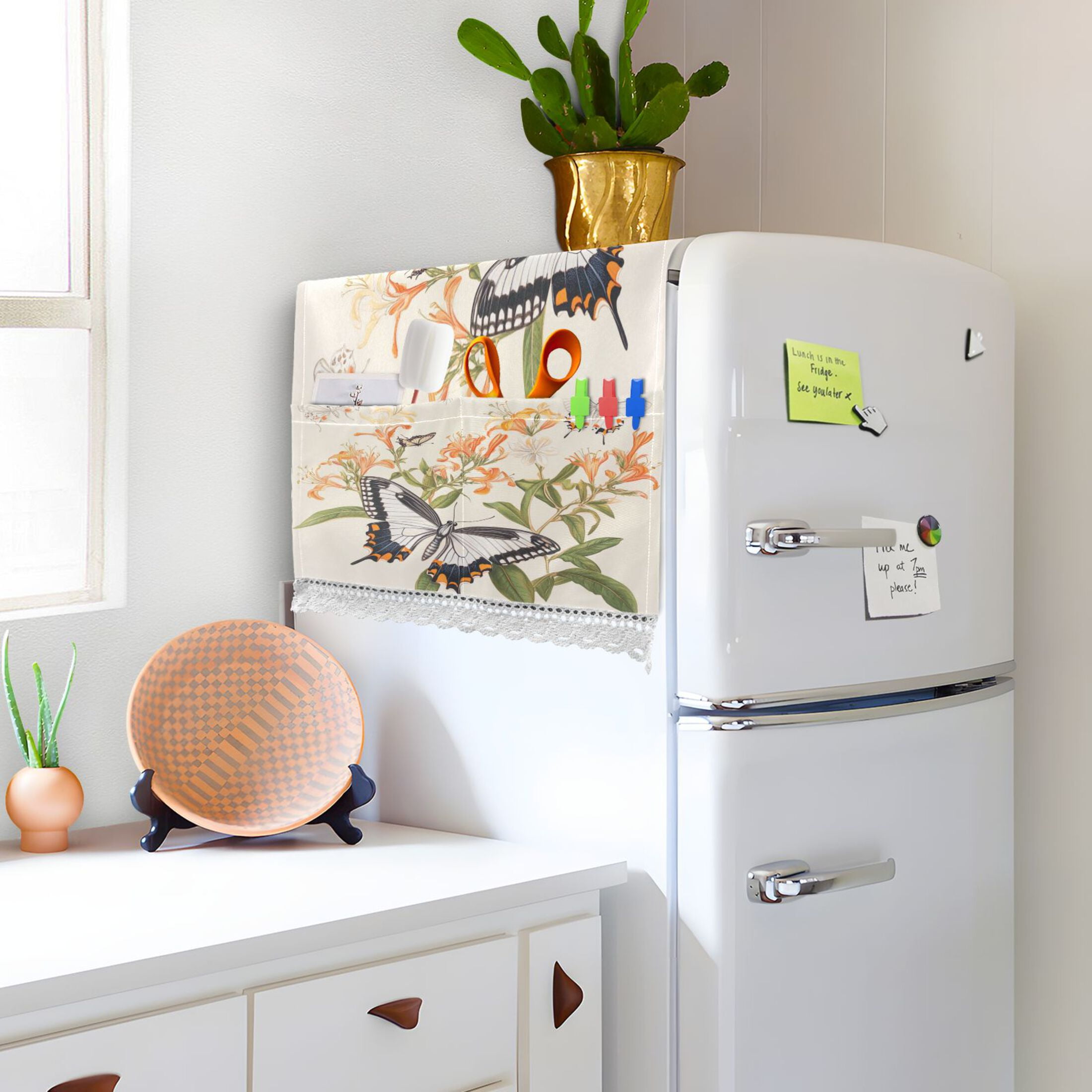 Various ButterfliesWasher and Dryer Covers Dust-Proof and Oil Resistant Fridge Cover with 4 Storage Pockets Washing Machine Top Cover for Laundry Kitchen Home 51.2 x 22 In