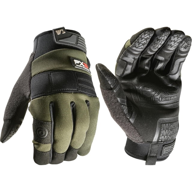 guantes de trabajo wells lamont fx3 con extra agarre y pantalla táctil talla mediana, par en verde oliva y negro con vista frontal y palma: parte trasera con spandex elástico y refuerzos acolchados, palma sintética negra con impresión de silicona antideslizante y puntas reforzadas, dedos compatibles con pantalla táctil; adecuados para manejo de motos y trabajo liviano.