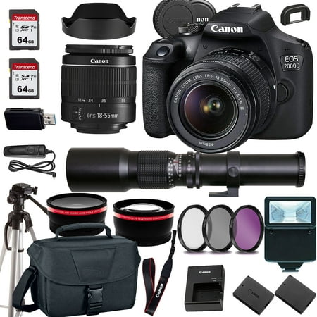 Image of Canon EOS 2000D (Rebel T7) DSLR Camera w/Canon EF-S 18-55mm F/3.5-5.6 Zoom Lens+500mm f/8.0 Telephoto Lens+case+128Memory Cards (24PC)