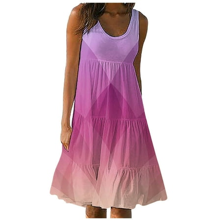 Blphud Dress for Women Casual Summer Dresses for Women 2024 Dresses for Women Women Spring and Summer Sleeveless Round Neck Printed Casual Dress Vacation Beach Dress Midi Evening Dress Hot Pink XXL