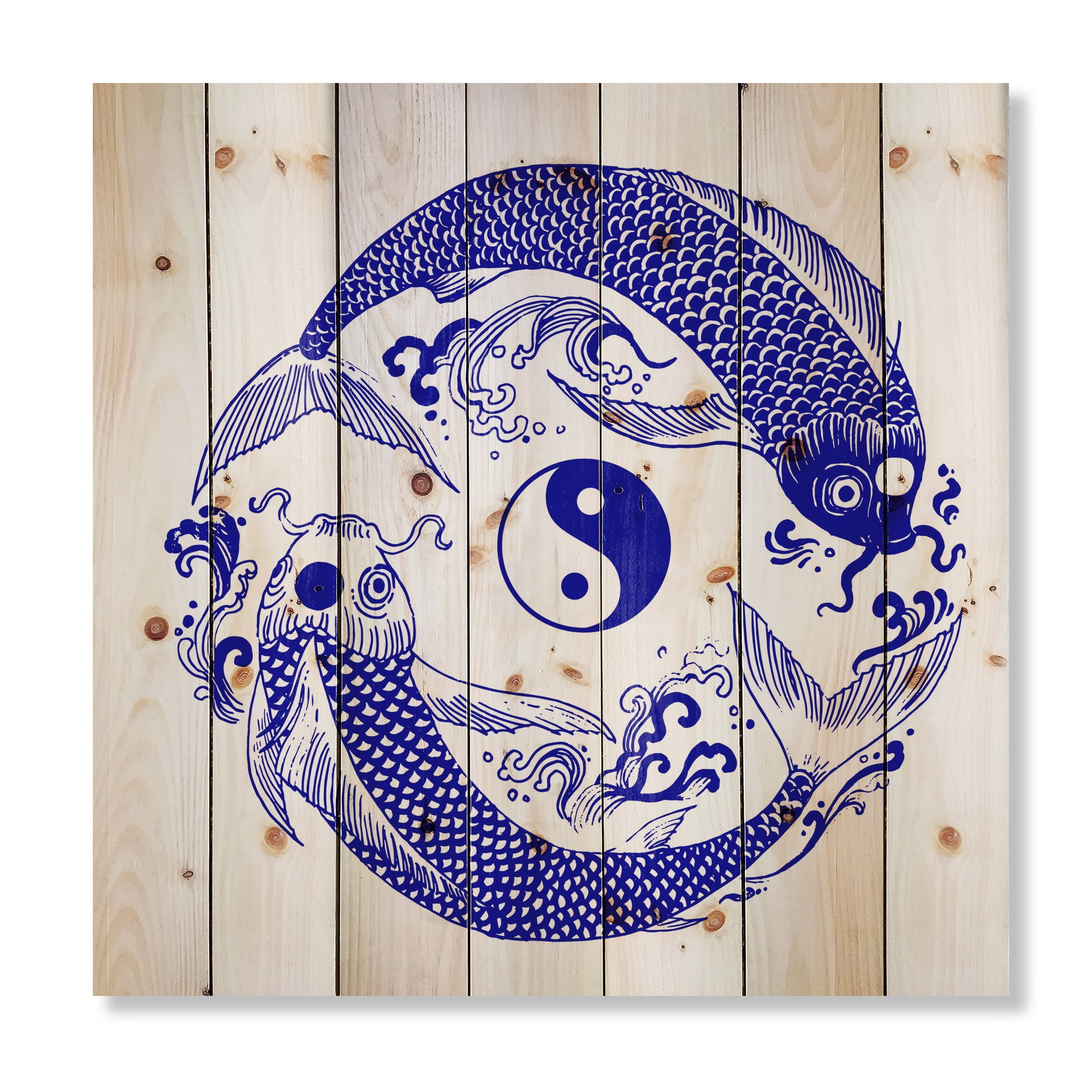 Designart 'Blue Chinoiserie Koi Fish II' Traditional Print on Natural Pine Wood
