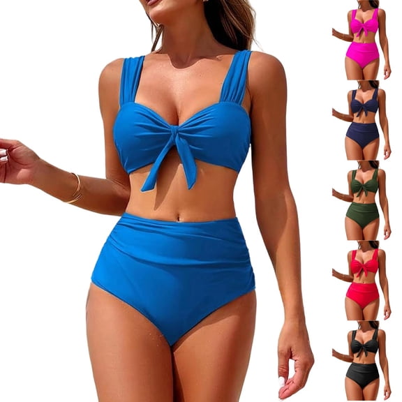 High Waisted Bikini Sets for Women Tummy Control Swimsuits Tie Knot High Rise 2026 Two Piece Bathing Suits Black XL