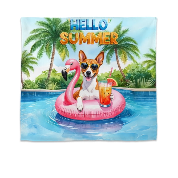 Hello Summer Basenji at Swimming Pool Flamingo Swim Ring Tapestry African Barkless Dog Lover Wall Hanging Backdrop Home Decor - 12009