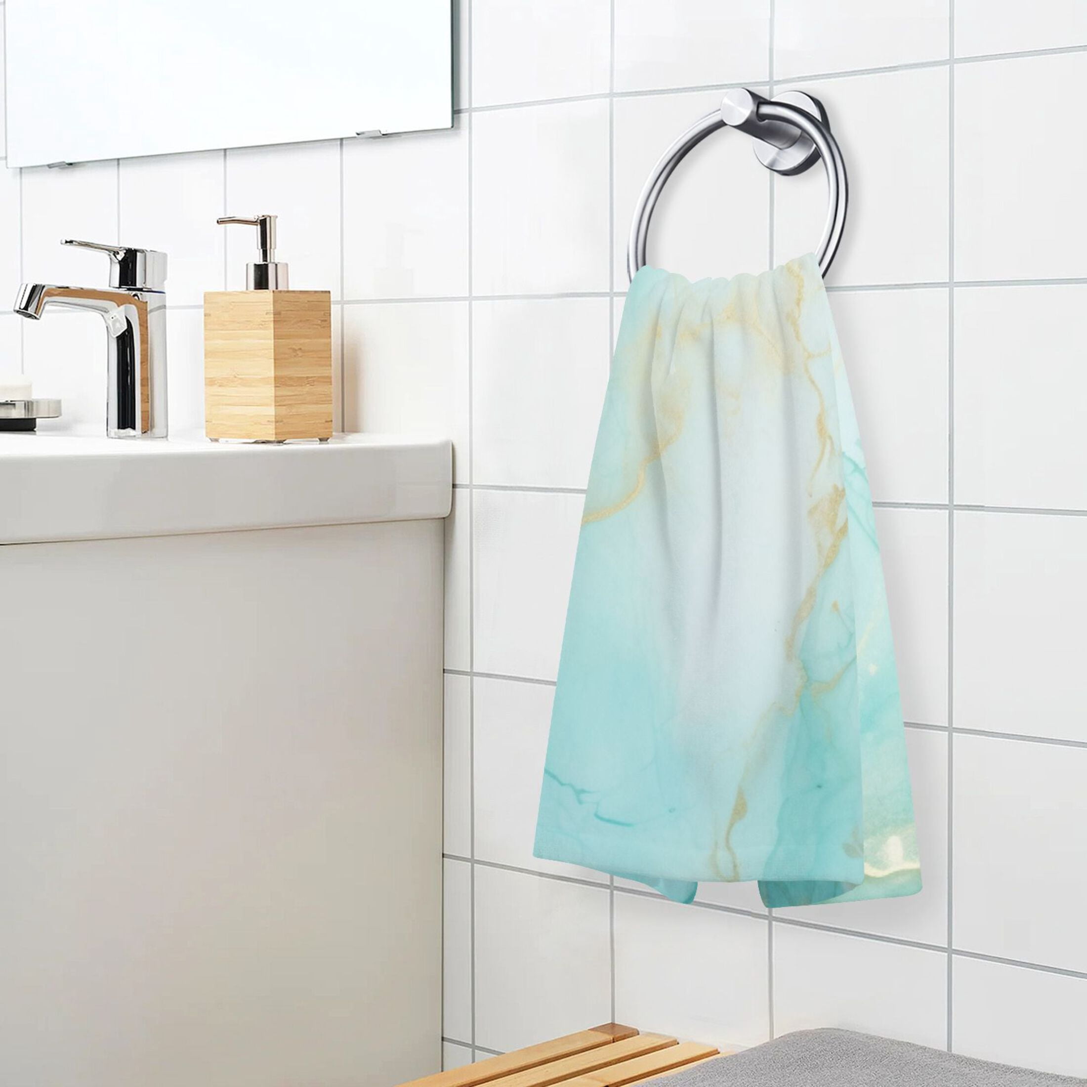 2 Pcs Hand Towel Set Aqua White Marble Cotton Absorbent Soft Face Towels Bath Towels for Bathroom Kitchen Shower Hotel Decor 16"x28"