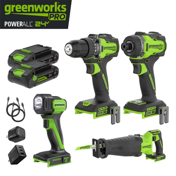 Greenworks PowerAll 24V Pro 4-Piece Combo Kit: 530 in-lb Drill, 2200 in-lb Impact Driver, 200 lm Work Light, and Reciprocating Saw, with (2) 2.0 Ah Batteries and Charger