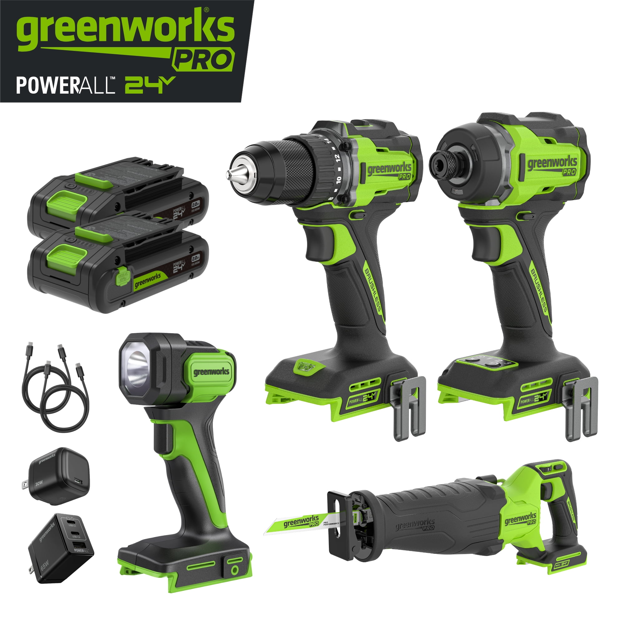 Greenworks PowerAll 24V Pro 4-Piece Combo Kit: 530 in-lb Drill, 2200 in-lb Impact Driver, 200 lm Work Light, and Reciprocating Saw, with (2) 2.0 Ah Batteries and Charger