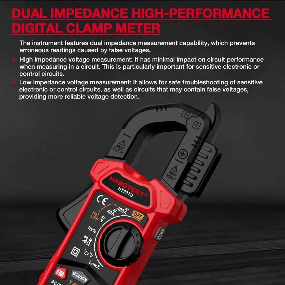 HT207D 4000 Counts Digital Clamp Meter, Handheld Multimeter, AC DC Voltage, Current Voltmeter, Diode Resistance, High Precision Multifunctional Digital Display Clamp Meter