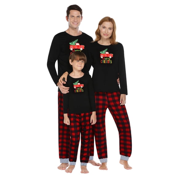 GRNSHTS Matching Family Pajamas Sets Christmas PJ's Letter Print Top and Plaid Pants Jammies Sleepwear (Plaid-car,Men L)