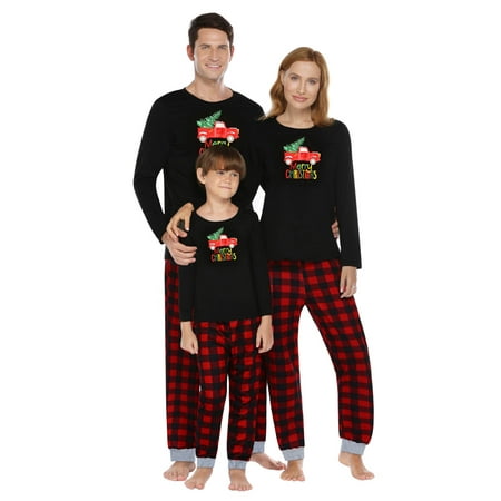 

GRNSHTS Matching Family Pajamas Sets Christmas Matching Holiday Pjs Letter Print Top and Plaid Pants Sleepwear For Kids Mom Dad(Mom L)