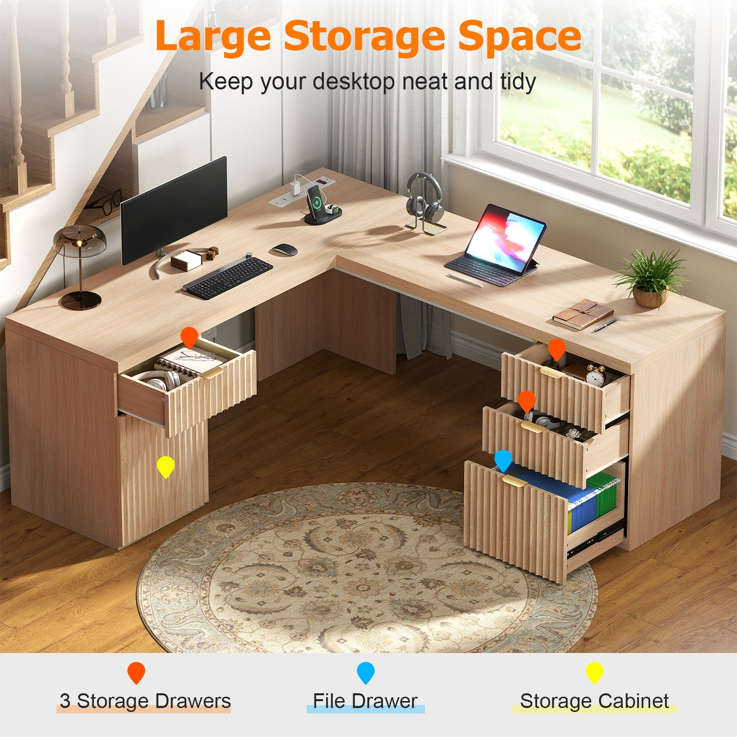 69-Inch Modern L Shaped Executive Desk with Charging Station & File Drawer, Large Home Office Corner Desk with Storage Drawers and Cabinet, Fluted Wood Computer Desk Writing Desk, Natural Oak Finish
