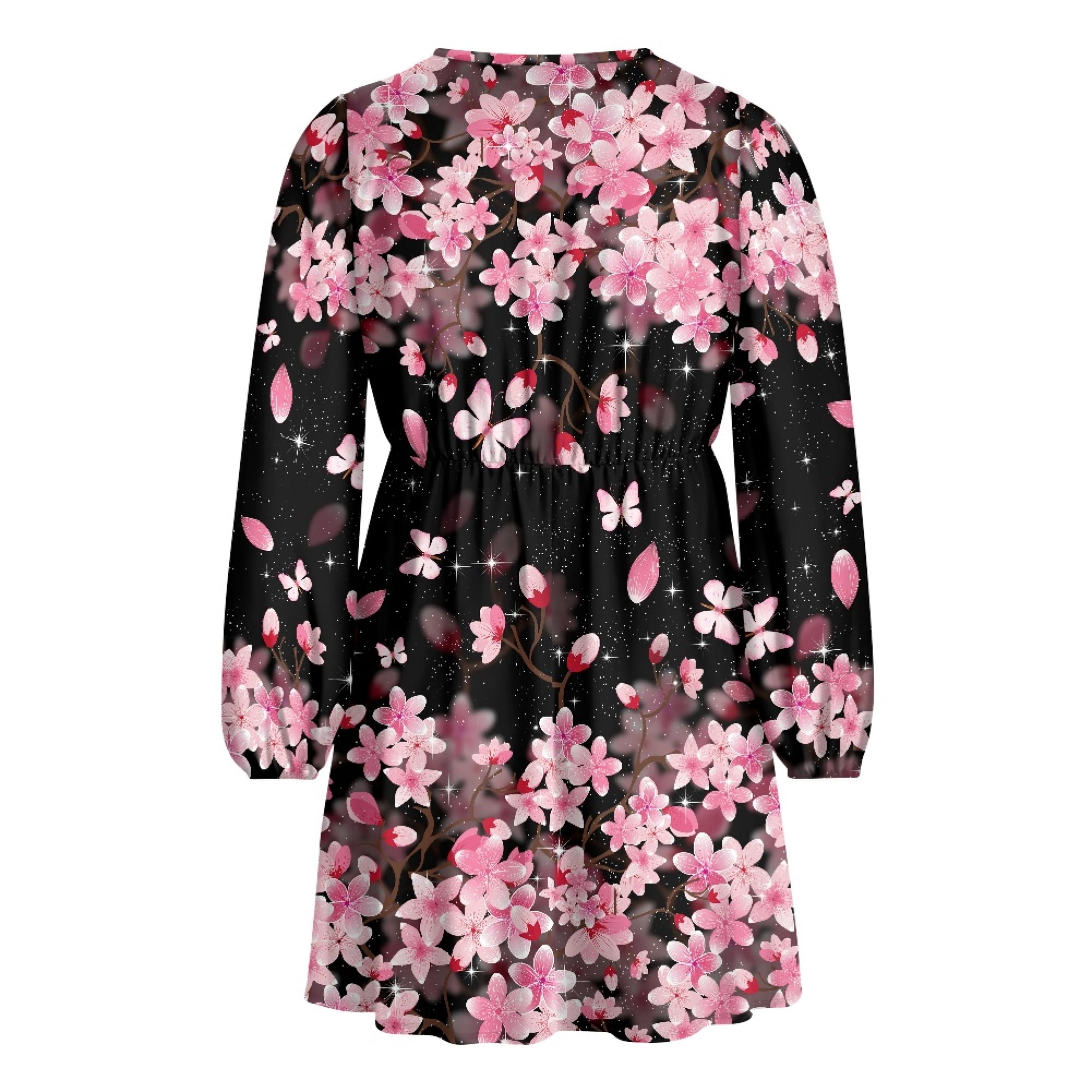 Yuyamidu Cherry Blossom Long Sleeve Dress Size L Fashion Women Knee Length Pleated Midi Dress A-Line Casual Dress Pink Fall Winter Outdoor Dress for Teen Gilrs