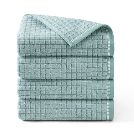 TOWN & COUNTRY EVERYDAY 4-Piece Textured Windowpane Bath Towel Set, 30"x58", 100% Cotton, Plush & Absorbent 550GSM, Aqua Blue