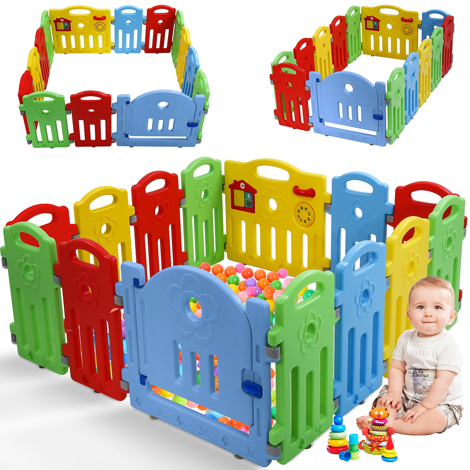 14 Panels, Blue Baby Playpen for Babies Baby Play Playards 14/18 Panels Infants Toddler Safety Kids Play Pens Indoor Baby Fence with Activity Board 