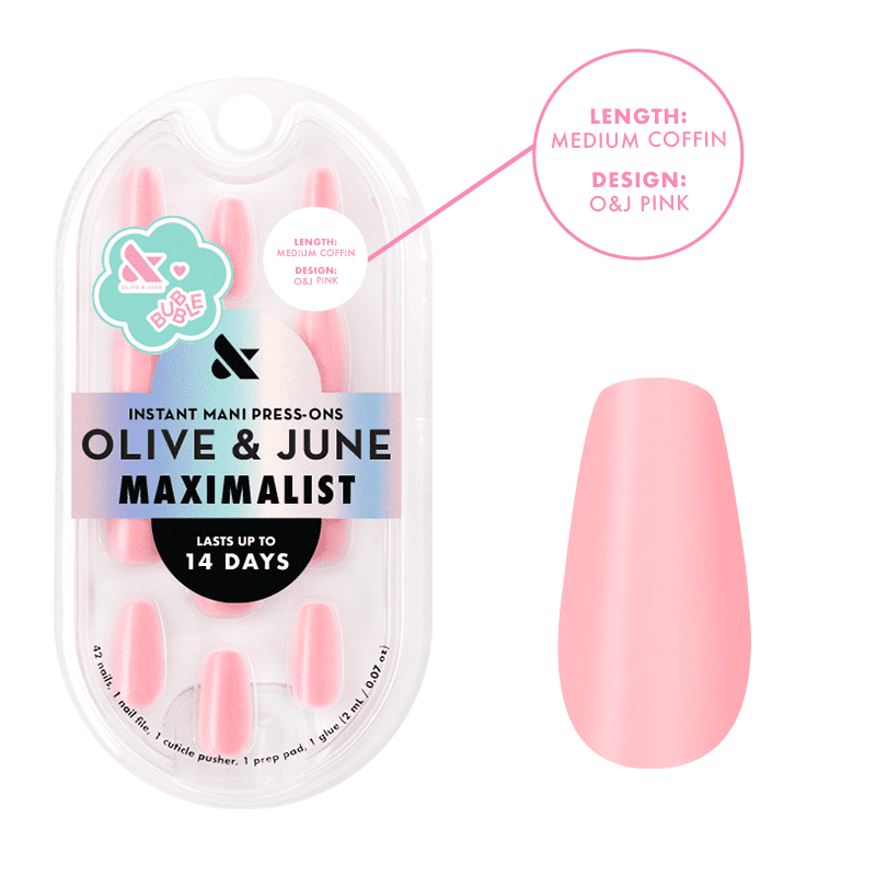 Olive & June + Bubble Instant Mani Medium Coffin Press-on Nails, O&J Pink, 42 Pieces