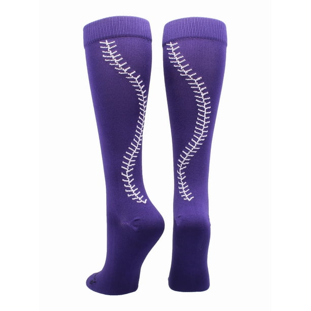 Softball Socks with Stitches Over the Calf (Purple/White, Medium