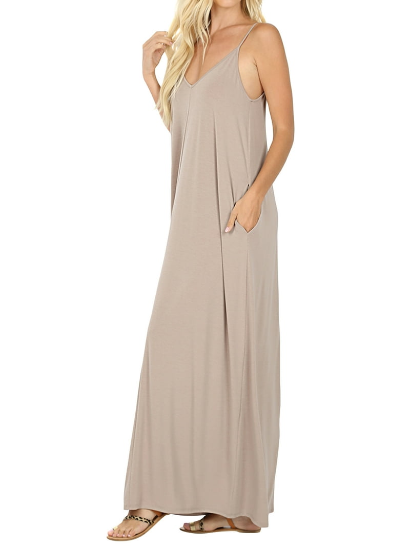 Women V-Neck Draped Jersey Beach Summer Cami Long Maxi Dress with Side Pockets (Ash Mustard, S)