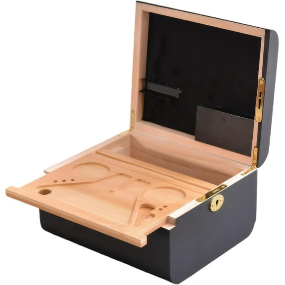 Stash Box with Rolling Tray: Bamboo Wooden Storage Box with Removable Tray Set and Lock, Multifunction Large Decorative Wood Box for Home Decor Gift Box Storage - 8.66 * 7.09 * 4.72In