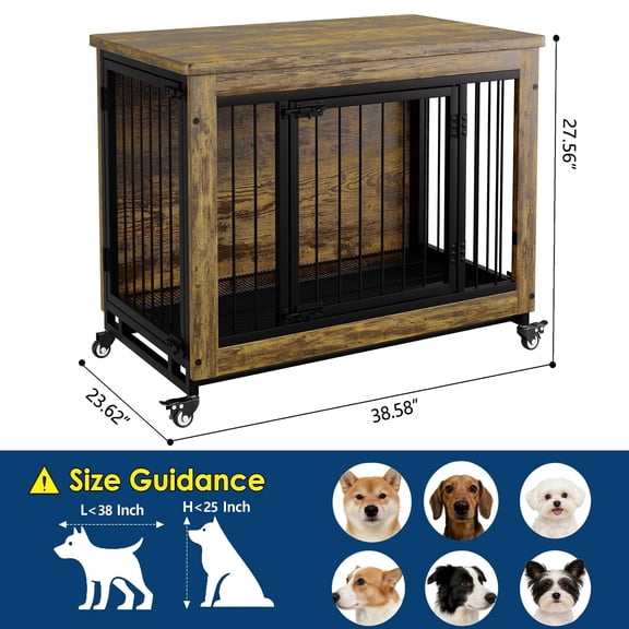 Acekid Dog Crate Furniture with 3 Doors, Wooden Side Table Kennel with Wheels & Tray, Brown