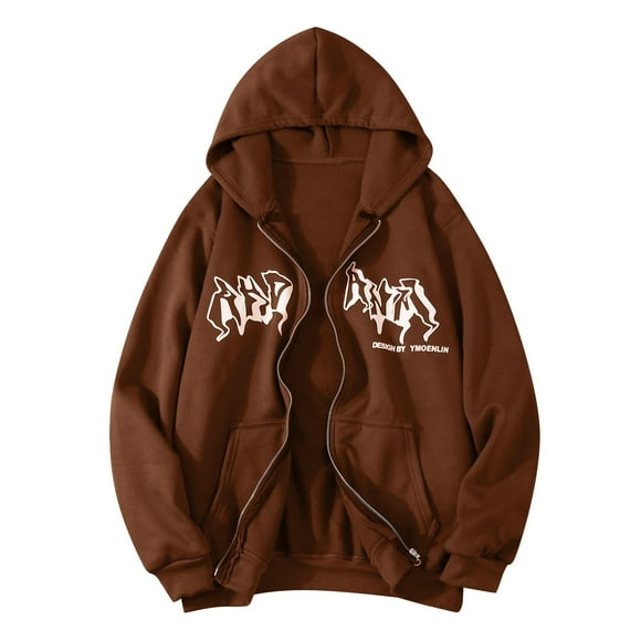 Wijhcboe 2025 Jacket Zip Up Hoodies Womens Long Zip up Hoodie Sweatshirt Hip Hop Sweatshirt Vintage Goth Print Hooded Jacket Street Fashion Unisex Drawstring Sweat Jacket With Hood 90s E Girl Top Wom