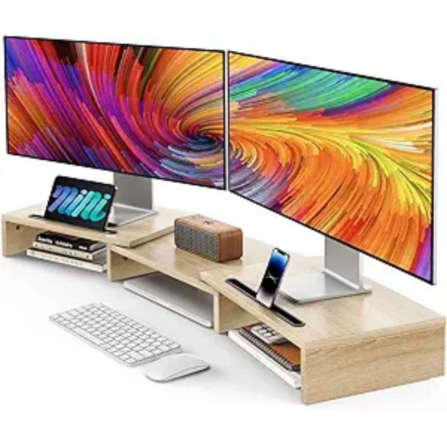 Dual Monitor Stand Riser- 3 Shelf Screen Stand with Adjustable Length and Angle 2 Extra Functional Slot Desktop Organizer Stand for PC Computer Laptop (Light Wood)