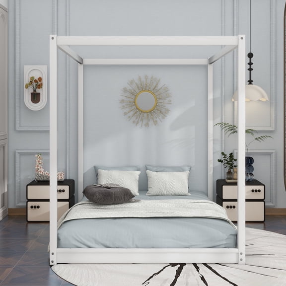 Queen Size Canopy Platform Bed with Support Legs,White