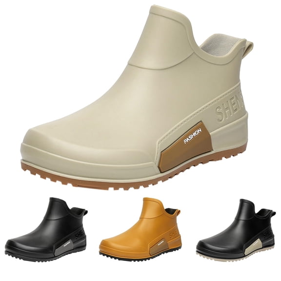 IEMIEMIEM Womens Rain Boots 2026 Fashion Couple Walking Water Shoes Ankle Rubber Water Resistant Boots Non Slip Soles Mid Calf Booties Outdoor Casual Slip On Shoes for Fishing Camping Beige 7 Wide