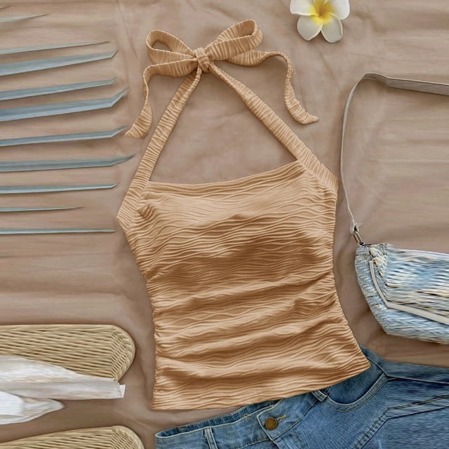 Ounisa Women's Y2k Halter Tops Open Back Ruched Striped Tie Back Sleeveless Summer Going Out Cami Tops