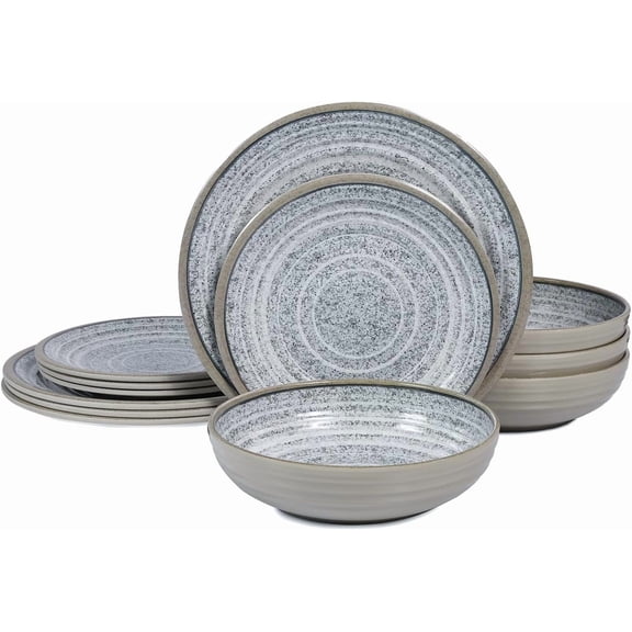 Melamine Dinnerware Sets 12 count - Service for 4 Plates & Bowls Sets Dishwasher Top-Shelf Safe, Dinner Dishes Set for Everyday Use-Granite Gray