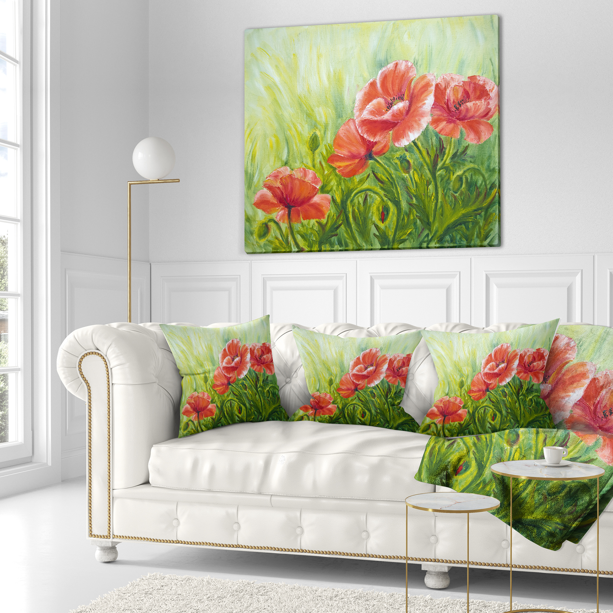 Designart Blooming Poppies with Green Leaves - Floral Throw Pillow - 18x18
