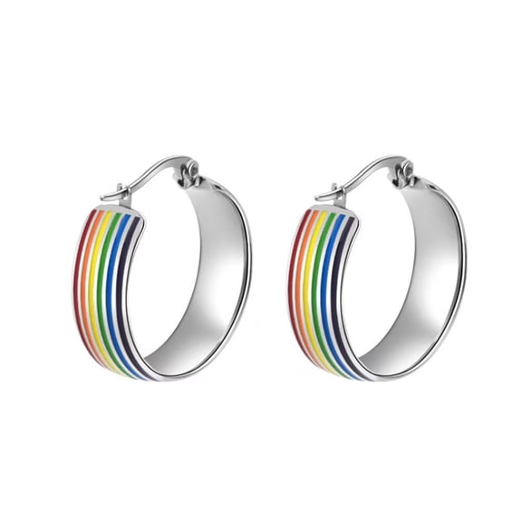 PAMTIER Unisex Stainless Steel 8mm Unique Cool Enamel Colorful Stripes Homosexuals LGBT Gay Pride Small Huggie Hoop Earring Rainbow Silver