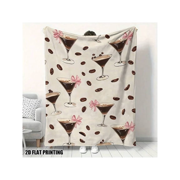 Cozy Flannel Coffee Martini Print Throw Blanket - Beige Brown Soft All-Season Bedspread for Couch, Travel, Camping - Durable No-Sew Luxury Bed Cover